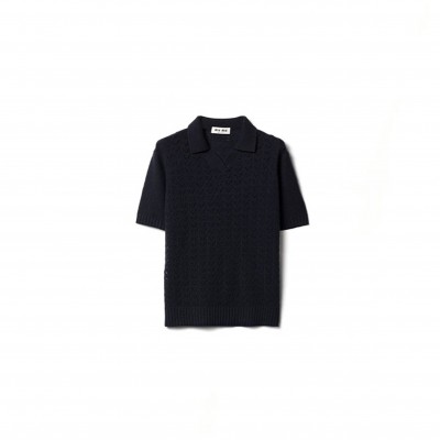 MIU MIU LACE-EFFECT CASHMERE POLO SHIRT NAVY MML03U